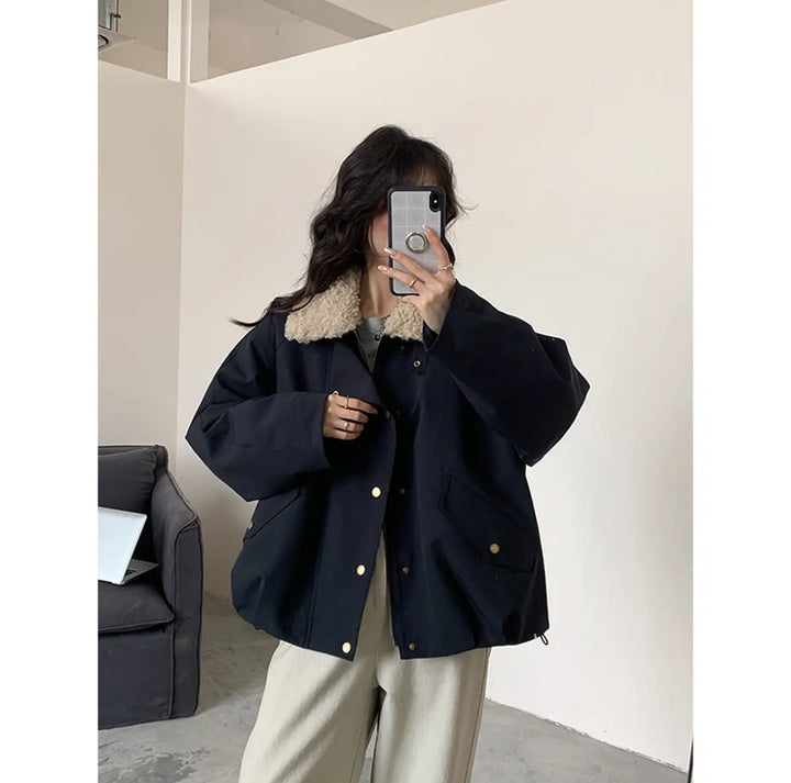 Ladies Short Oversize Boxy Jacket with Teddy Collar and Snap Button Closure Mune Fashion