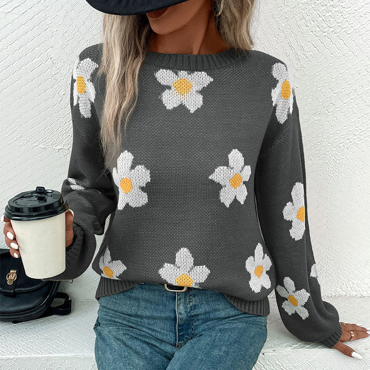Women's Patterned Knit Sweater with Flower Motif Mune Fashion