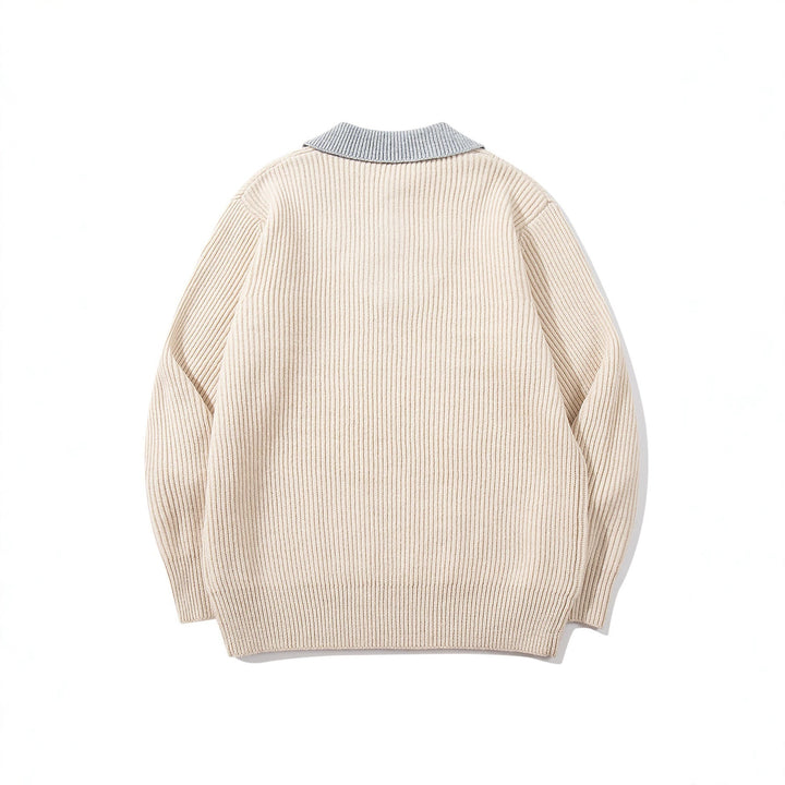 Men's Ribbed Knit Sweater with Polo Collar Insert and Deep V-Neck Mune Fashion