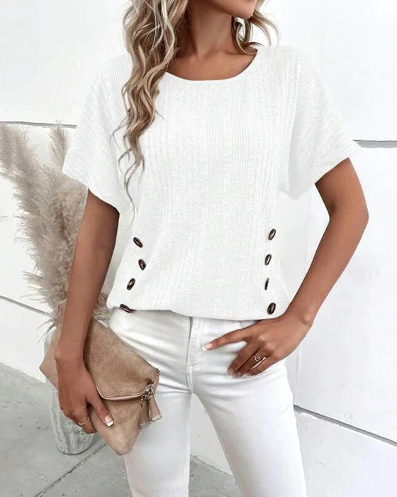 Ladies' knitted fine rib top with round neck and side decorative button placket Mune Fashion