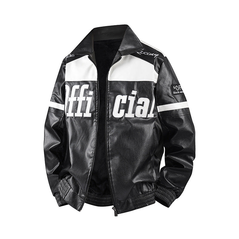 Men's Stylish Faux Leather Jacket with Symbol Design Mune Fashion