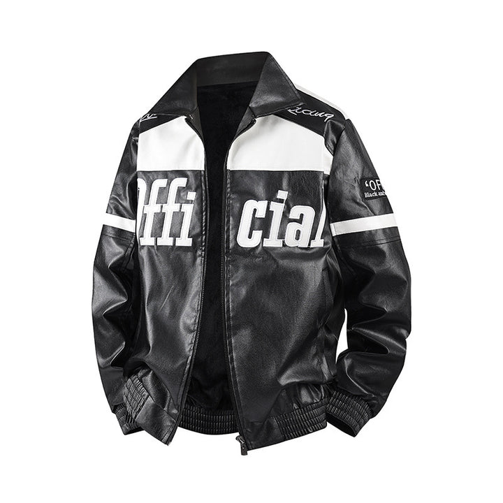 Men's Stylish Faux Leather Jacket with Symbol Design Mune Fashion