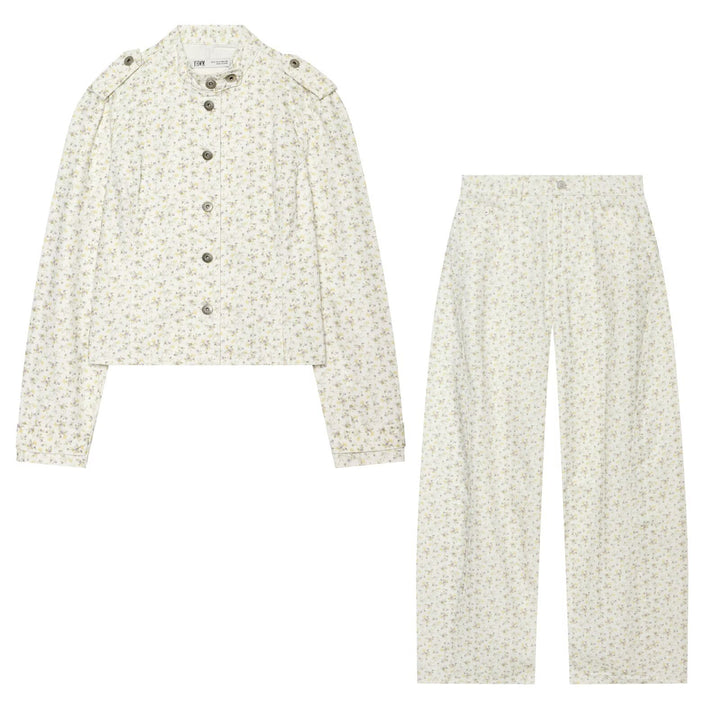 Women Wide High-Waist Pants with Delicate Floral Print and Straight Leg Drune