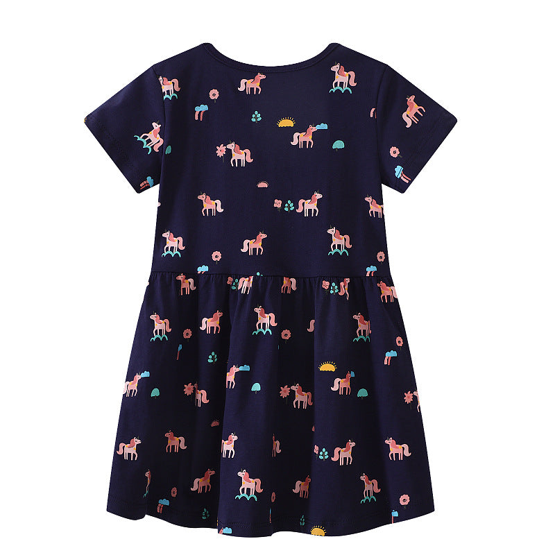 Girls Short Sleeve Dress with Playful Unicorn Motif Mune Fashion
