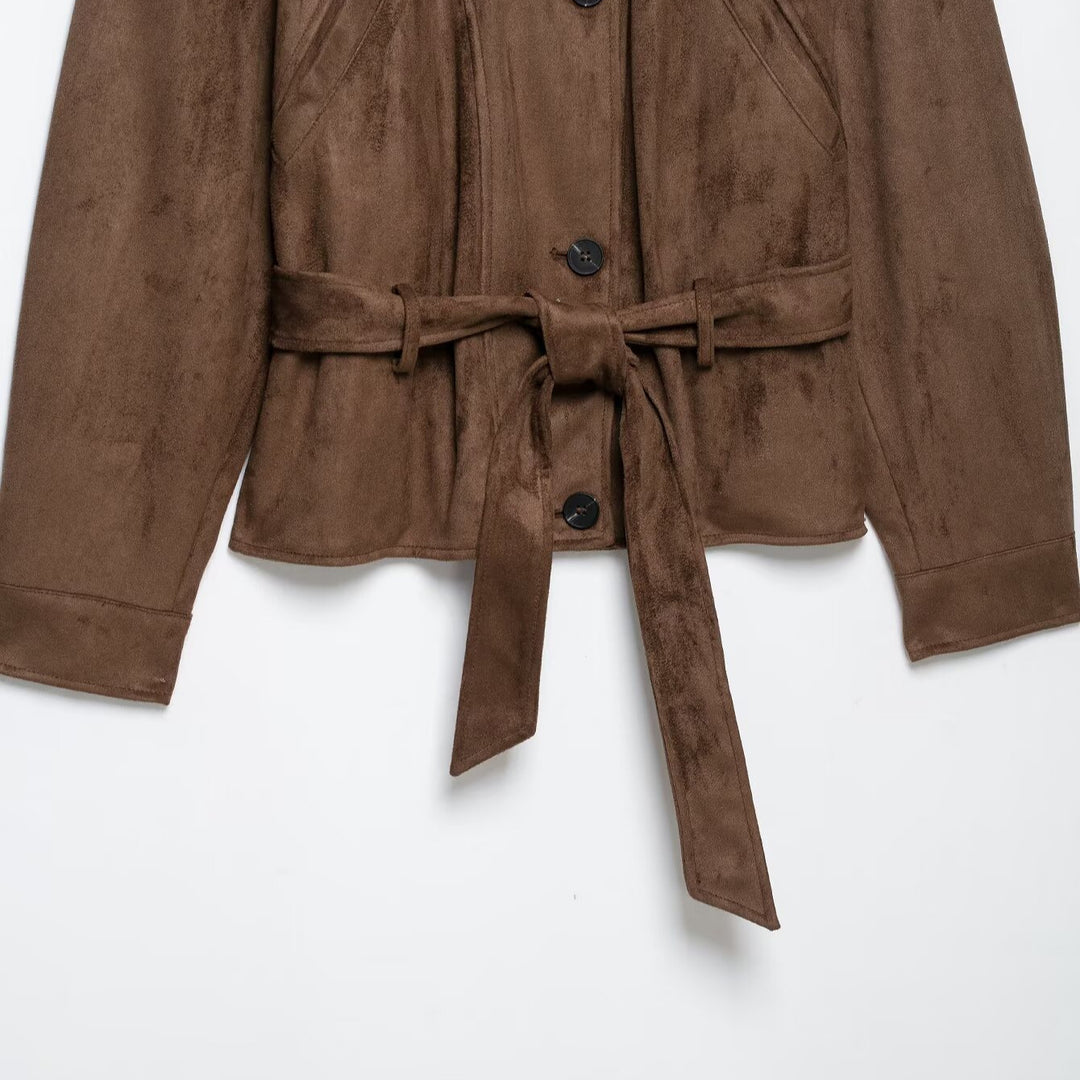 Women's short jacket in suede look with high stand-up collar, decorative dividing seams and tie belt Mune Fashion