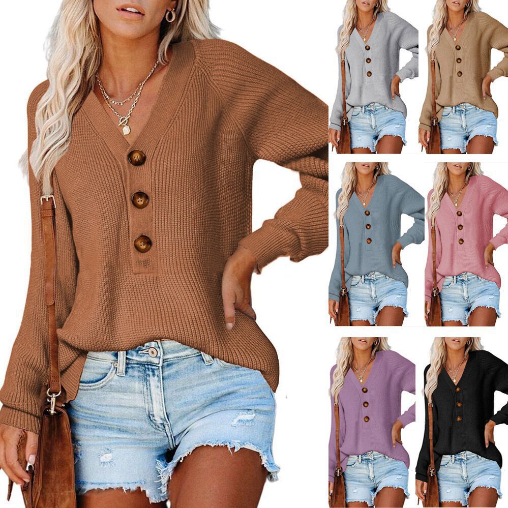 Women's Ribbed Knit Sweater with V-Neck, Decorative Button Placket and Balloon Sleeves Mune Fashion