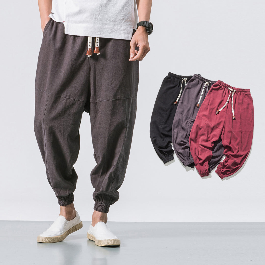 Men's relaxed fit linen joggers with drawstring, inset knee panels, and elastic cuffs Mune Fashion