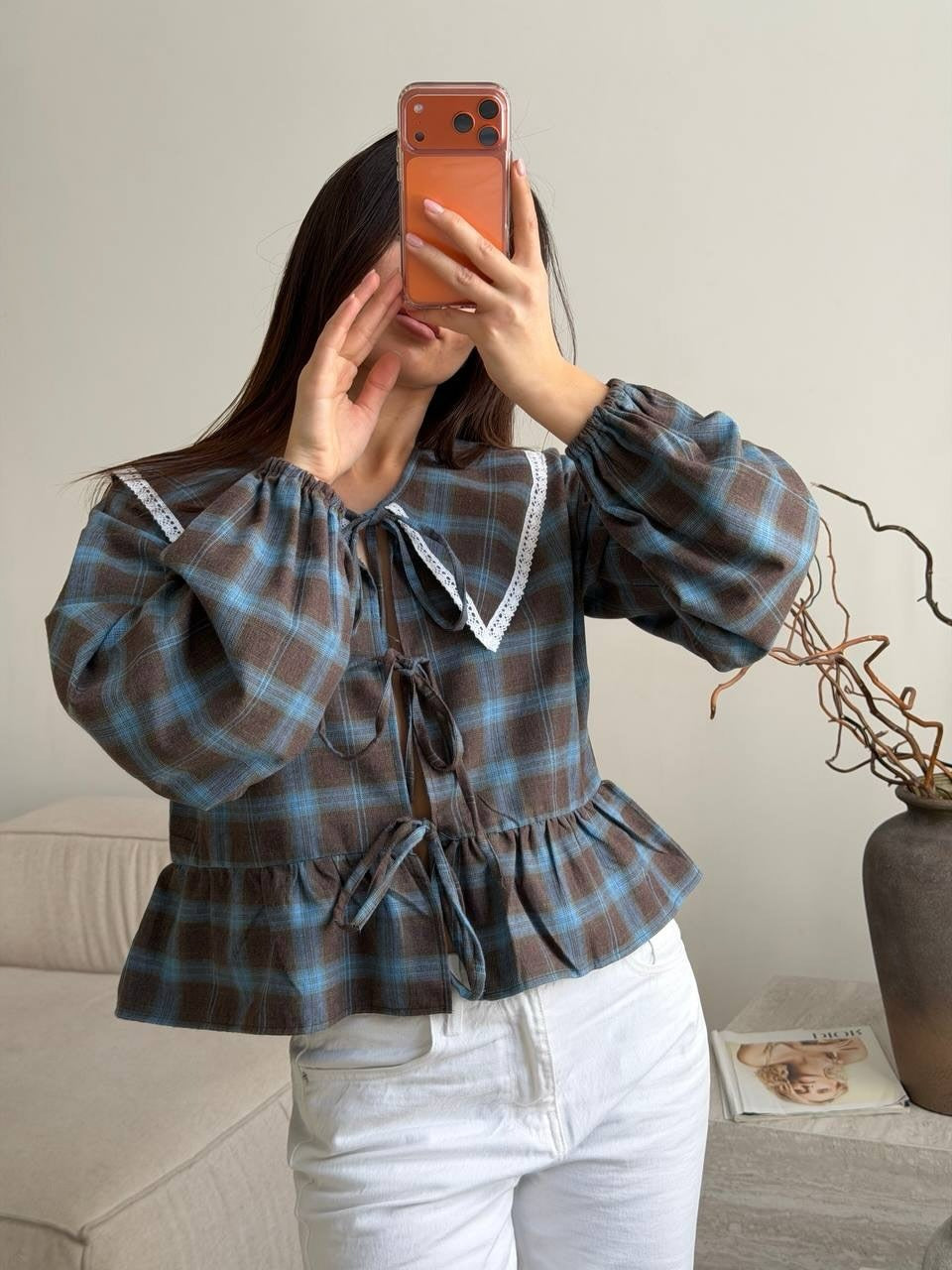 Women's Checked Ruffle Blouse with Oversized Lace Collar and Ties Mune Fashion