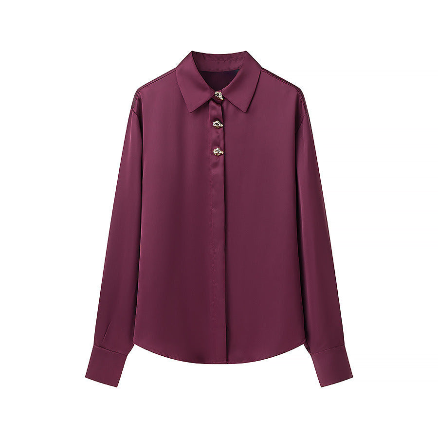 Women Silk Look Blouse with Decorative Buttons and Shirt Collar Mune Fashion