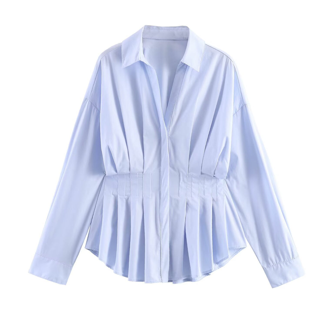 Women Striped Oversized Blouse with Tailoring Gatherings and Shirt Collar Mune Fashion