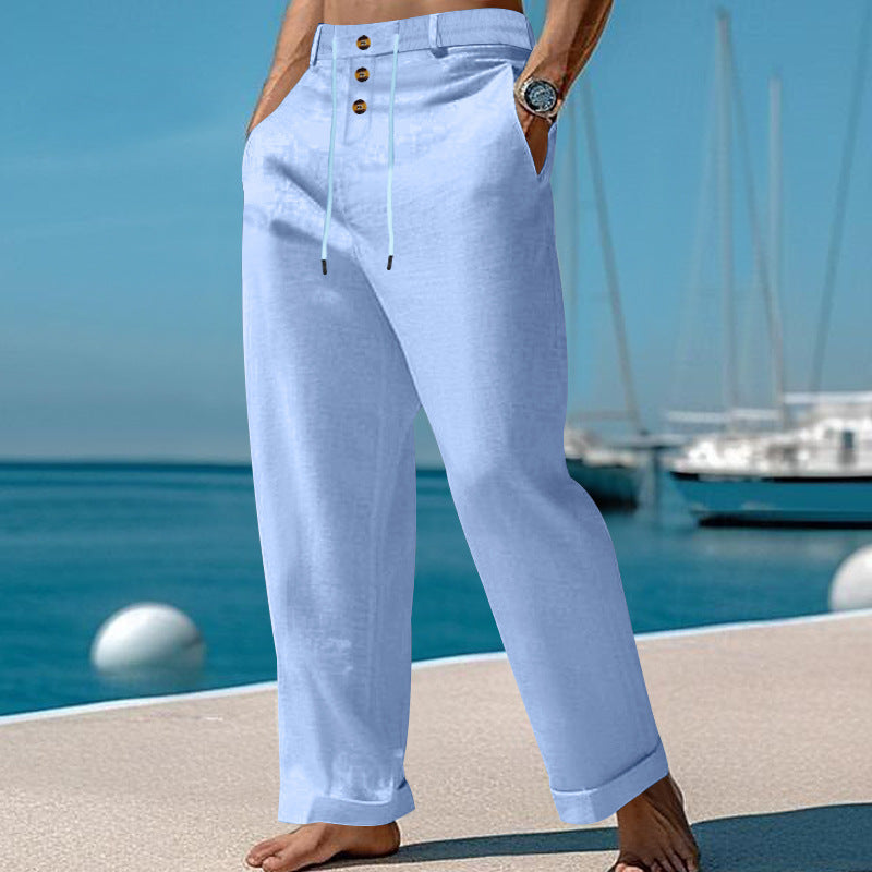 Men's wide summer pants made of linen-cotton blend with triple-button placket, drawstring waistband, and cuffed hem Mune Fashion