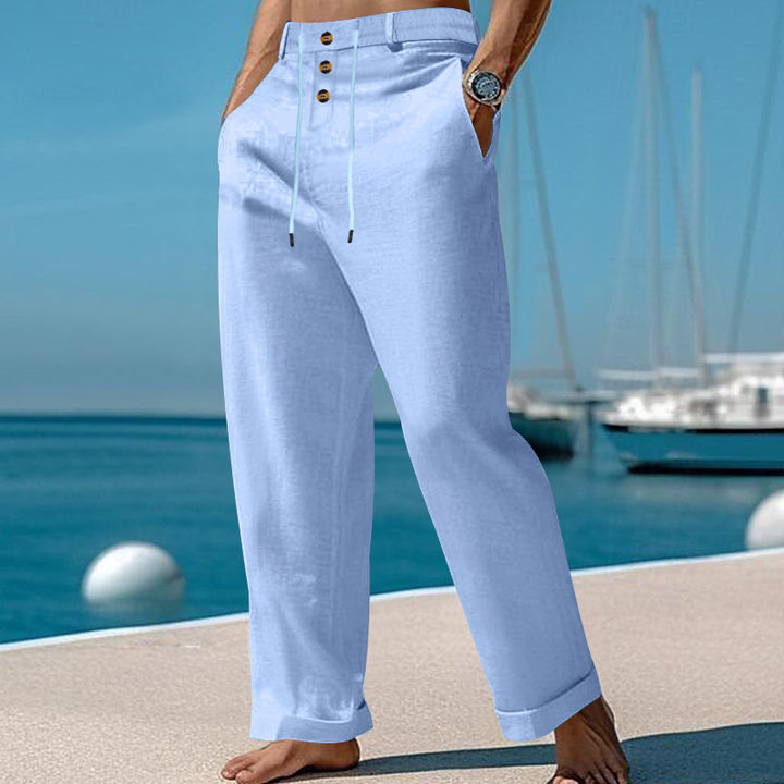 Men's wide summer pants made of linen-cotton blend with triple-button placket, drawstring waistband, and cuffed hem Mune Fashion