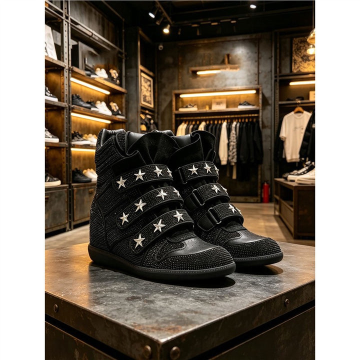 Ladies Wedge Sneakers with Hidden Heel, Rhinestone Trim and Star Studs Mune Fashion