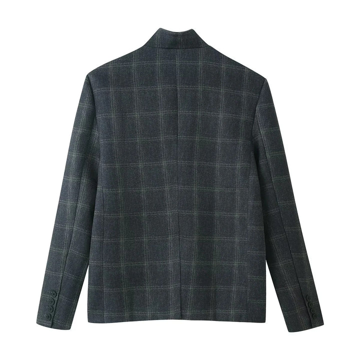 Women's checked blazer with stand-up collar, diagonal button placket and flap pockets Mune Fashion