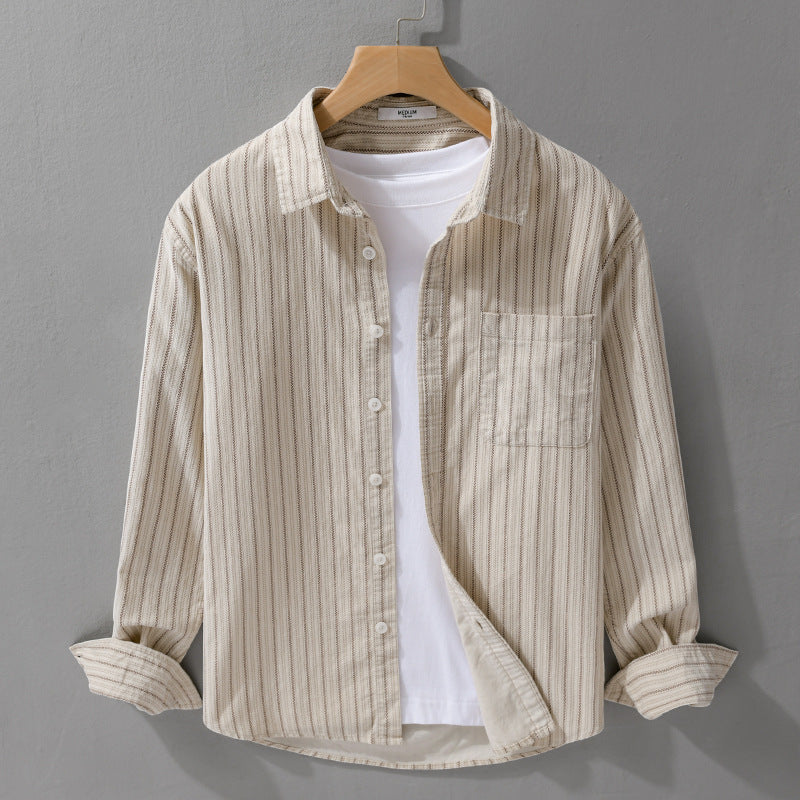 Men's Lightweight Striped Long Sleeve Shirt with Chest Pocket and Relaxed Fit Mune Fashion