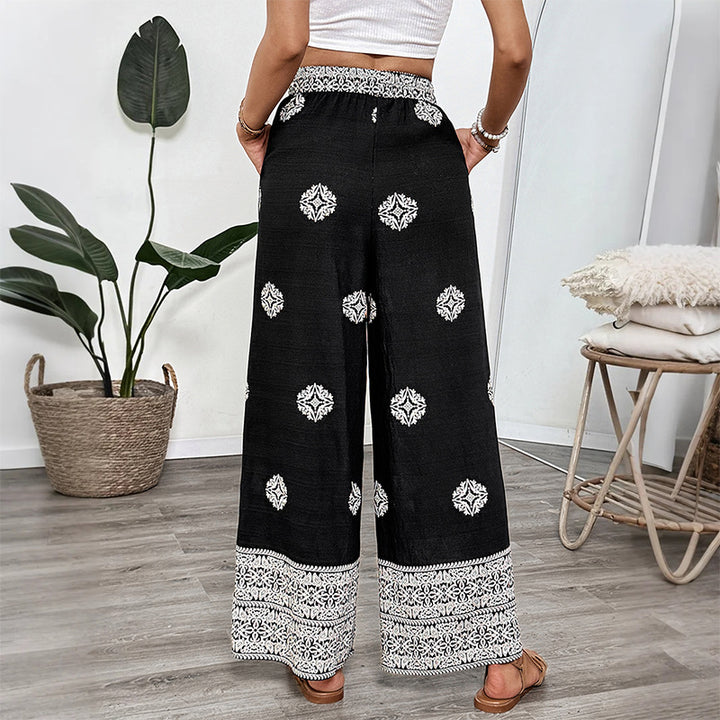 Women's Boho Print Palazzo Pants with Wide Leg, Elastic Drawstring Waistband and Side Pockets Mune Fashion