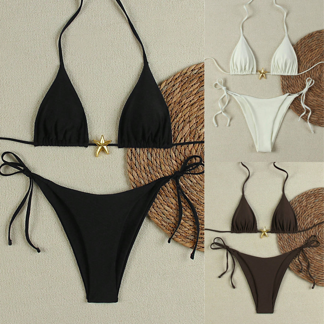 Women's Triangle Bikini Set with Adjustable Straps and Decorative Jewelry Element Mune Fashion