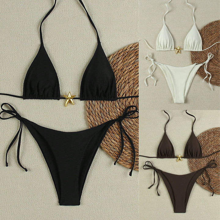 Women's Triangle Bikini Set with Adjustable Straps and Decorative Jewelry Element Mune Fashion