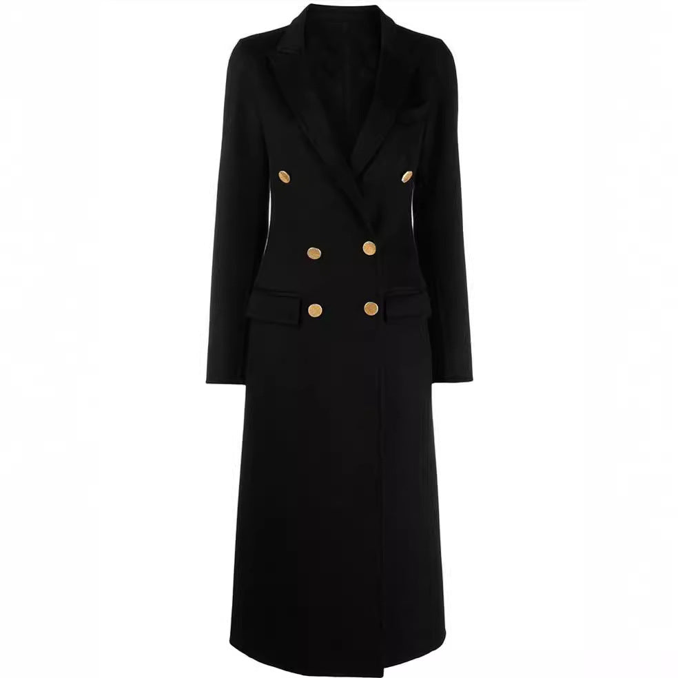 Women's Slim Maxi Length Coat in Clean-Cut with Double-Breasted Look and Decorative Metal Buttons Mune Fashion