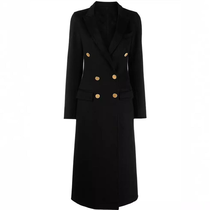 Women's Slim Maxi Length Coat in Clean-Cut with Double-Breasted Look and Decorative Metal Buttons Mune Fashion