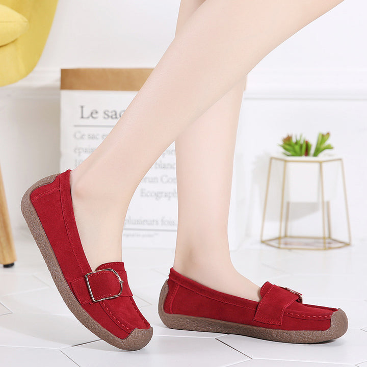 Women's moccasin slippers made of suede leather with decorative metal buckle, padded footbed, and non-slip rubber outsole Mune Fashion