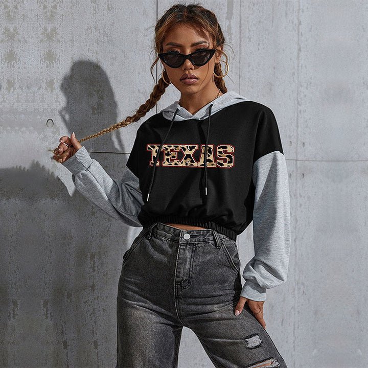 Women's Short-Cut Hoodie with Teddy Print, Colorblock Sleeves and Elastic Hem