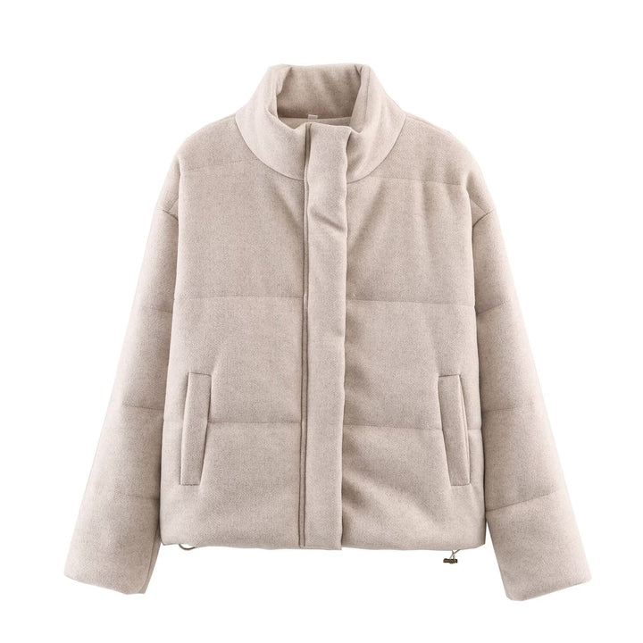 Women Short Quilted Wool Blend Transitional Jacket with High Stand Collar and Concealed Snap Button Placket Mune Fashion