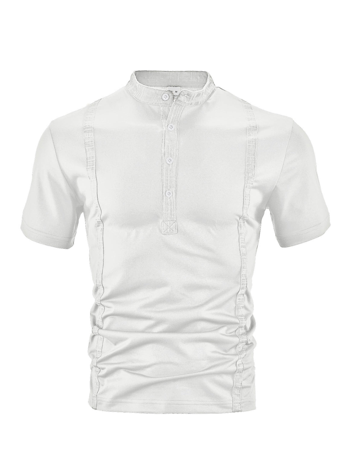 Men's short sleeve stand collar shirt with concealed button placket, decorative piping and fitted silhouette Mune Fashion