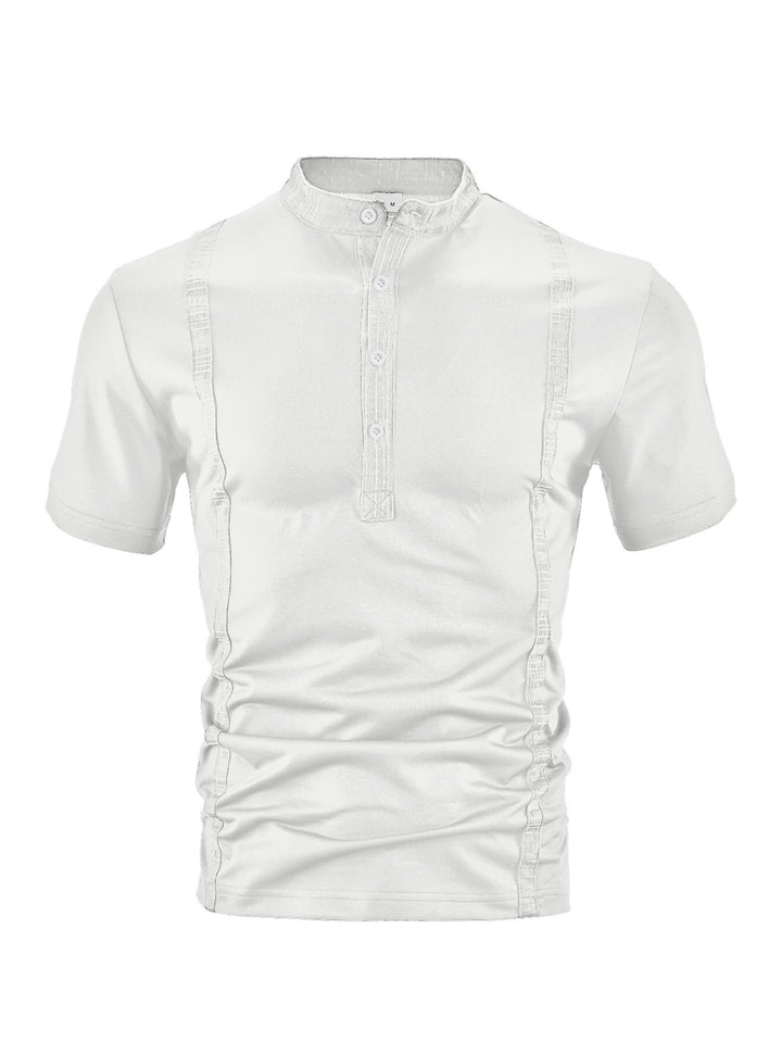 Men's short sleeve stand collar shirt with concealed button placket, decorative piping and fitted silhouette Mune Fashion