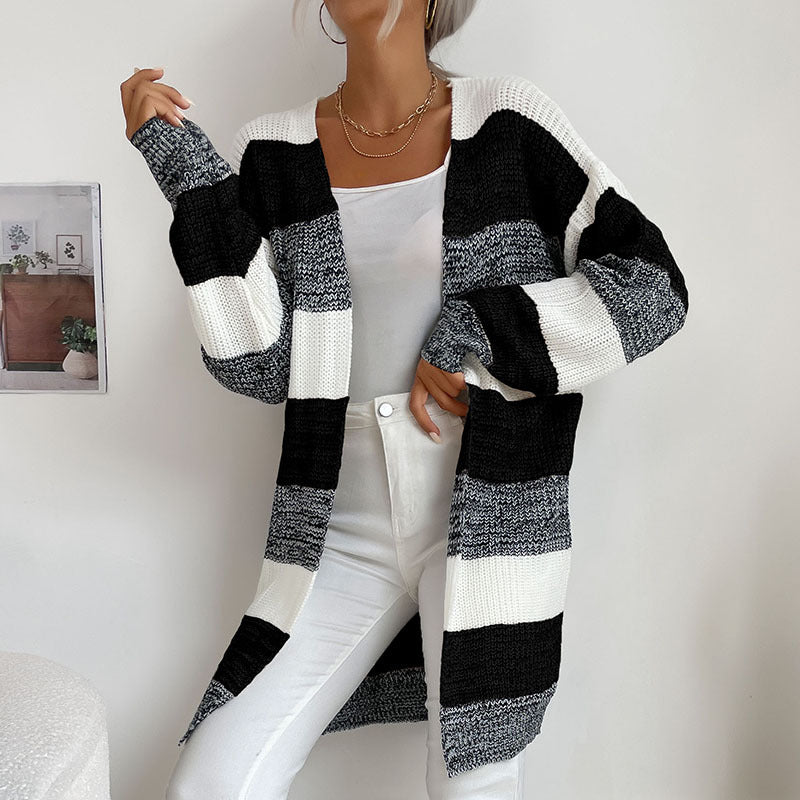 Women's Long Oversized Knit Cardigan with Block Stripes and Open Front Mune Fashion