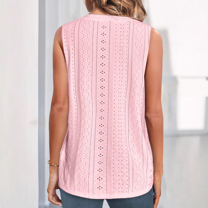 Women's sleeveless broderie anglaise top with V-neck and decorative button placket Mune Fashion