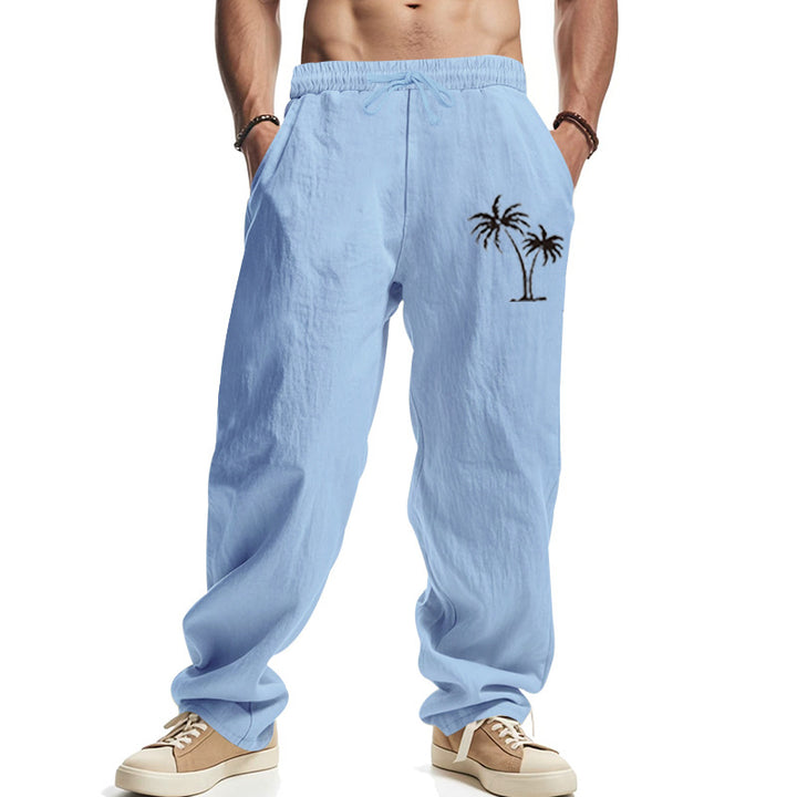Men's Lightweight Linen-Look Casual Pants with Elastic Waistband, Drawstring & Palm Embroidery Mune Fashion