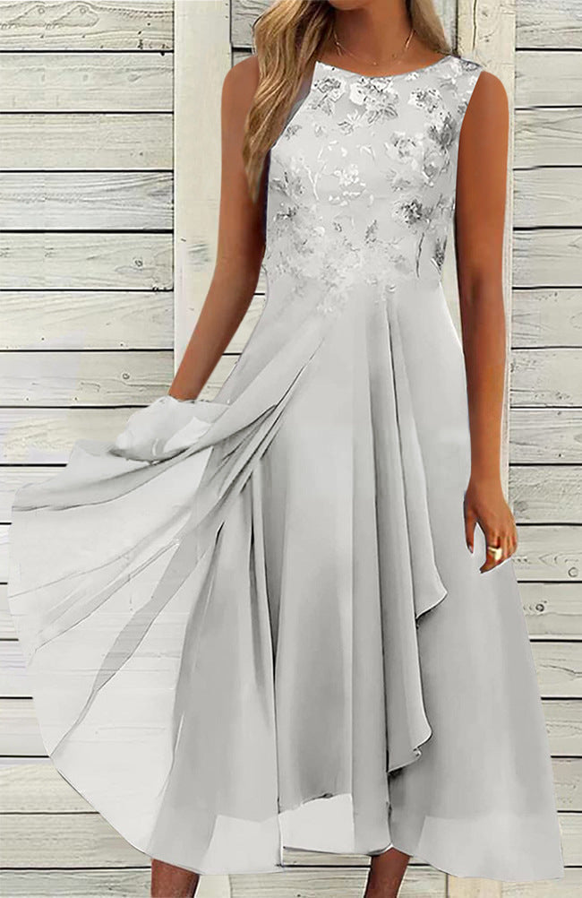 Women’s sleeveless chiffon midi dress with embroidered bodice and asymmetric layered skirt Mune Fashion