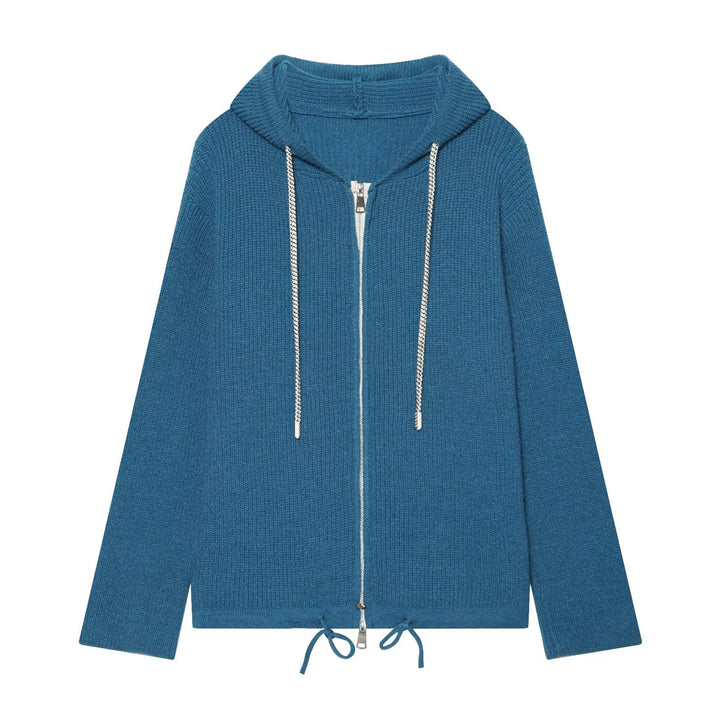 Women's knitted zip-up hoodie with full zip, ribbed texture and drawstring Mune Fashion
