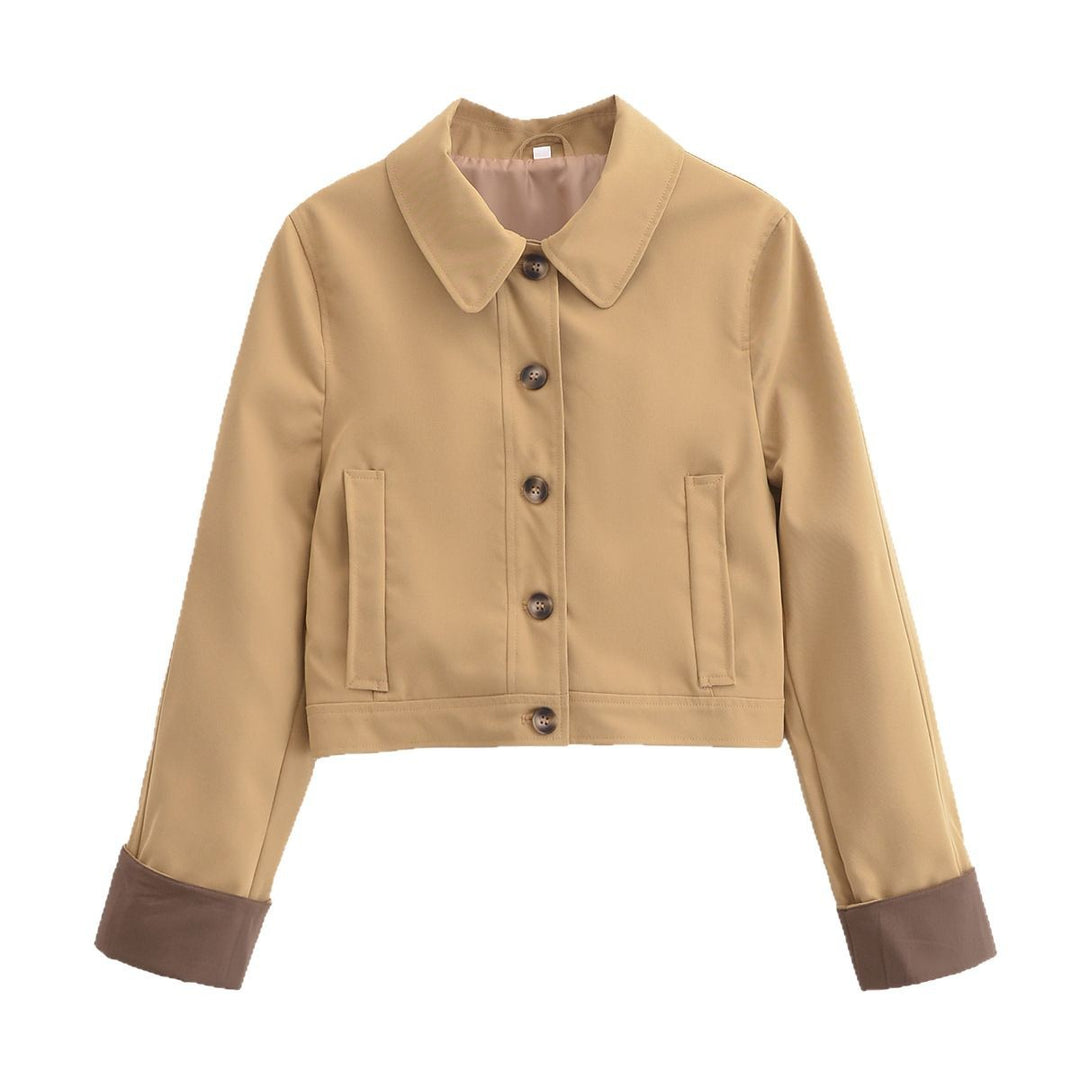 Women's Cropped Utility Jacket with Shirt Collar, Contrasting Turn-Up Cuffs and Continuous Button Placket Mune Fashion