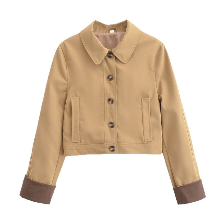 Women's Cropped Utility Jacket with Shirt Collar, Contrasting Turn-Up Cuffs and Continuous Button Placket Mune Fashion