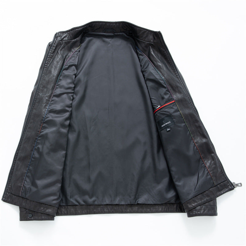 Men's Slim Blouson Leather Jacket with Stand Collar and Hidden Zipper Mune Fashion