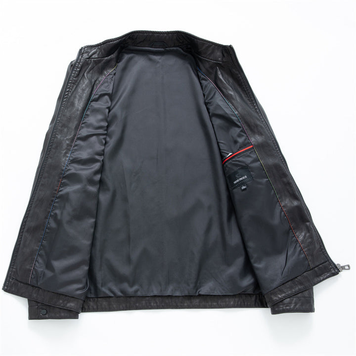 Men's Slim Blouson Leather Jacket with Stand Collar and Hidden Zipper Mune Fashion