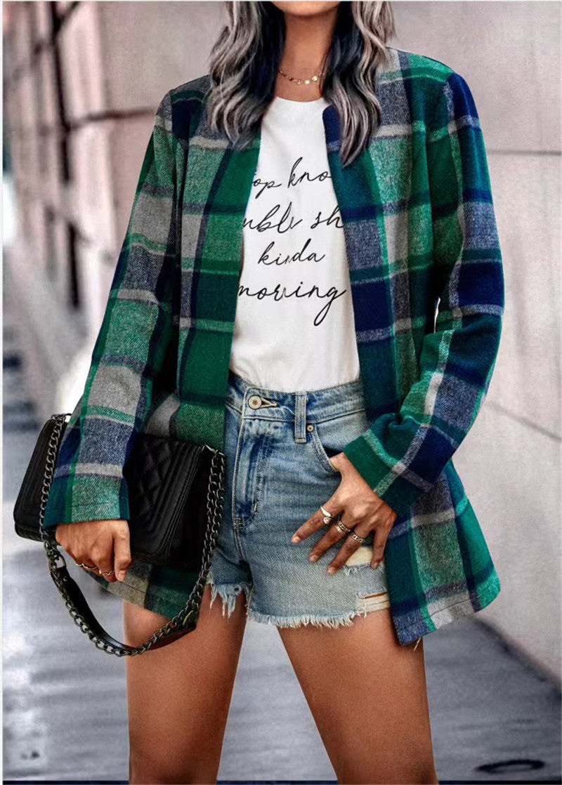 Women Checked Long Blazer Shacket Without Collar, Open Cut Mune Fashion