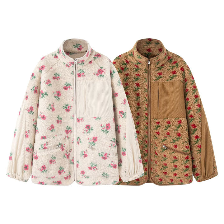 Women's teddy fleece jacket with floral pattern, fine cord inserts, stand-up collar and zip Mune Fashion