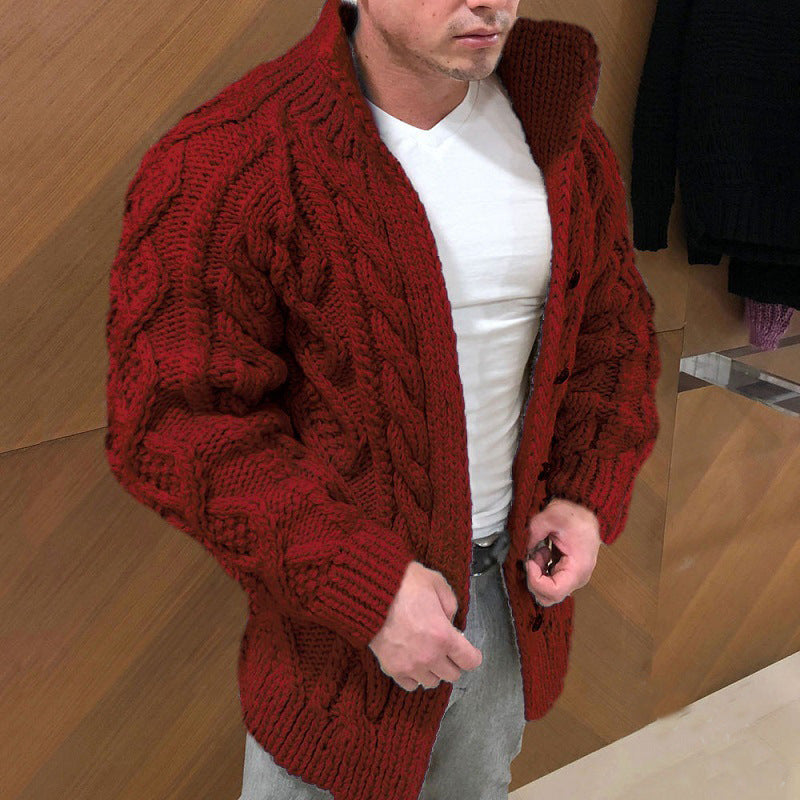 Men's Chunky Cable Knit Cardigan with High Standing Collar and Horn Buttons Mune Fashion