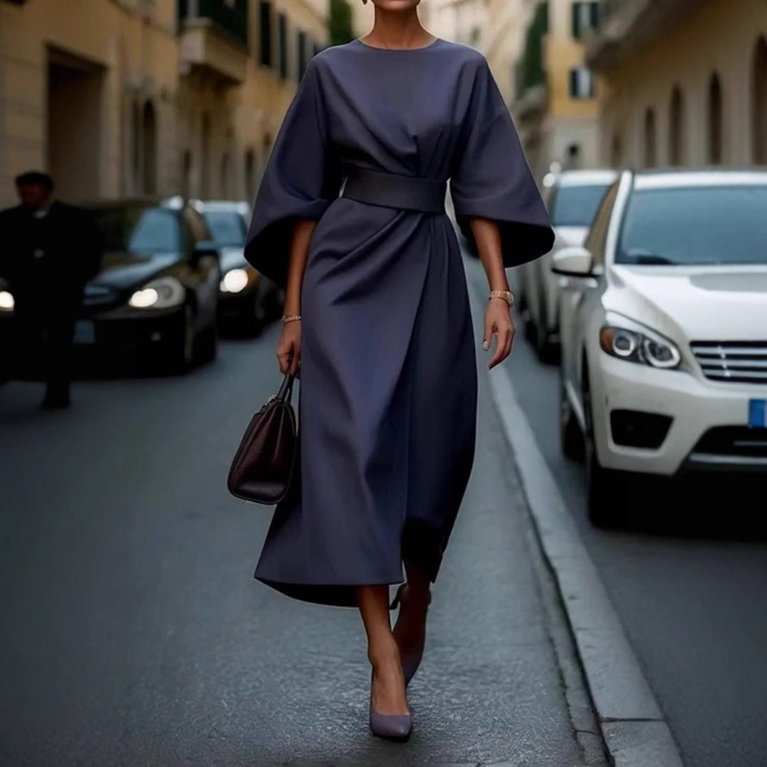 Ladies Elegant Midi Dress with Wide Kimono Sleeves, Tailored Belt and Draped A-Line Mune Fashion
