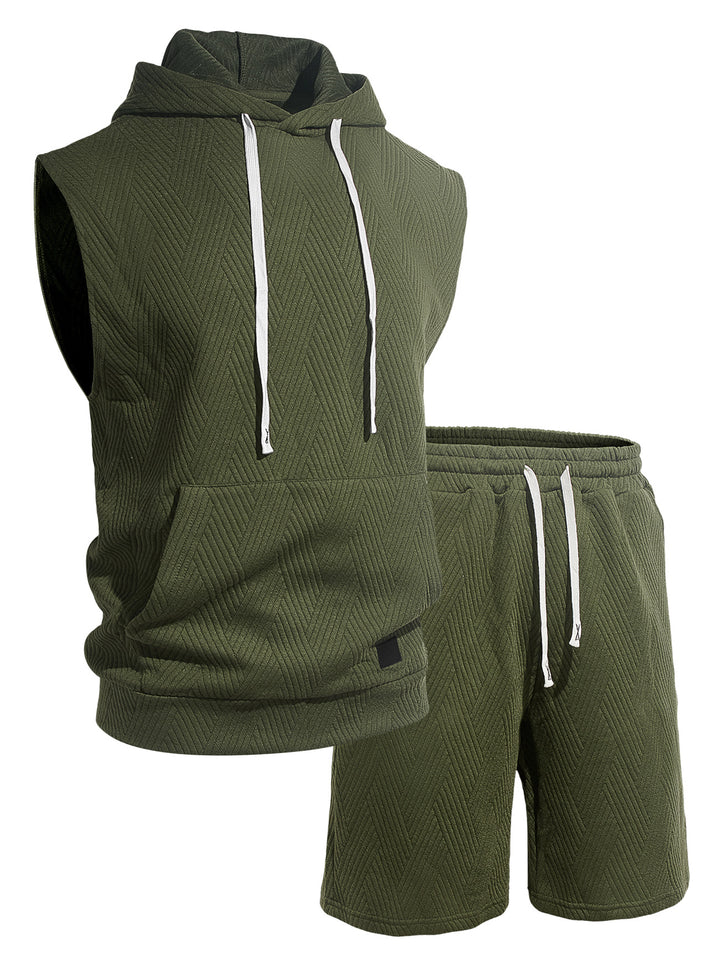 Men's sleeveless hoodie lounge set made of textured cotton blend with kangaroo pocket and elastic leisure pants Mune Fashion