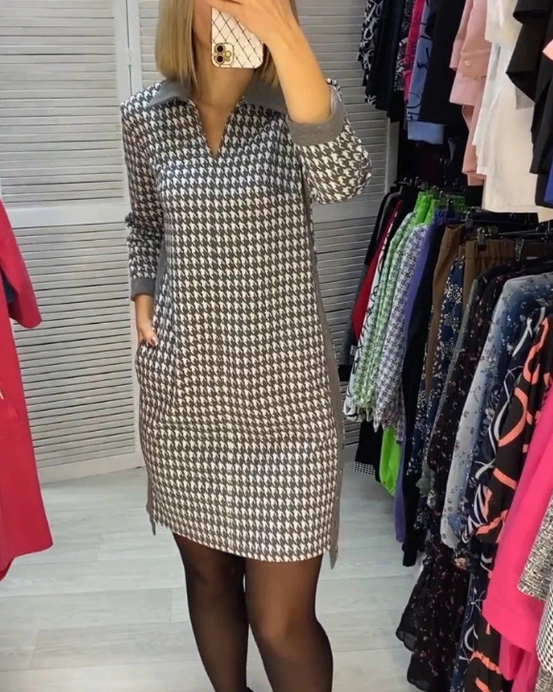 Women houndstooth knit dress with turned-down collar, V-neck, side pockets, and side slits Mune Fashion