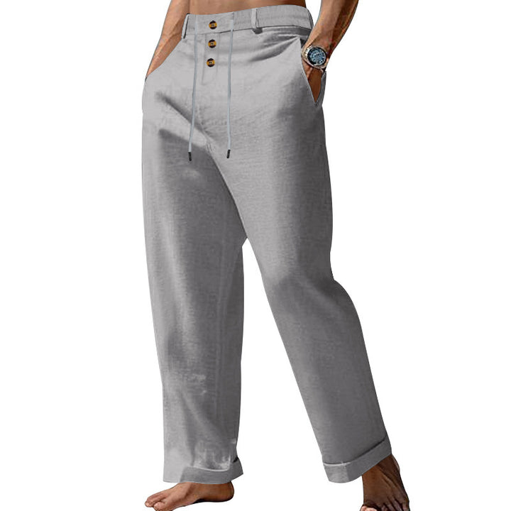 Men's wide summer pants made of linen-cotton blend with triple-button placket, drawstring waistband, and cuffed hem Mune Fashion