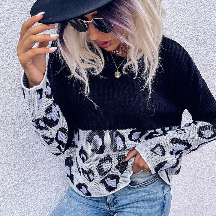Women’s knit sweater with ribbed structure, color block and leopard jacquard Mune Fashion
