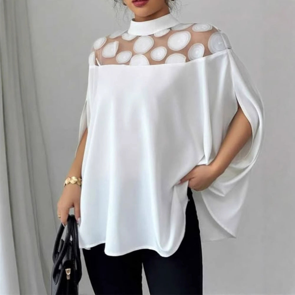 Women's elegant tunic blouse with stand-up collar, transparent round application panel and cape sleeves Mune Fashion