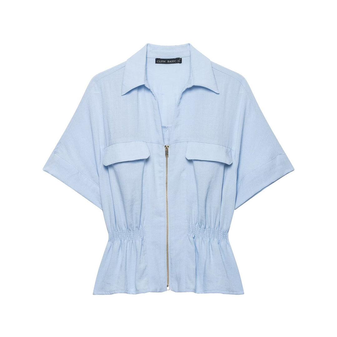 Ladies Short-Sleeved Tailored Blouse Jacket with Zipper and Breast Flaps Drune