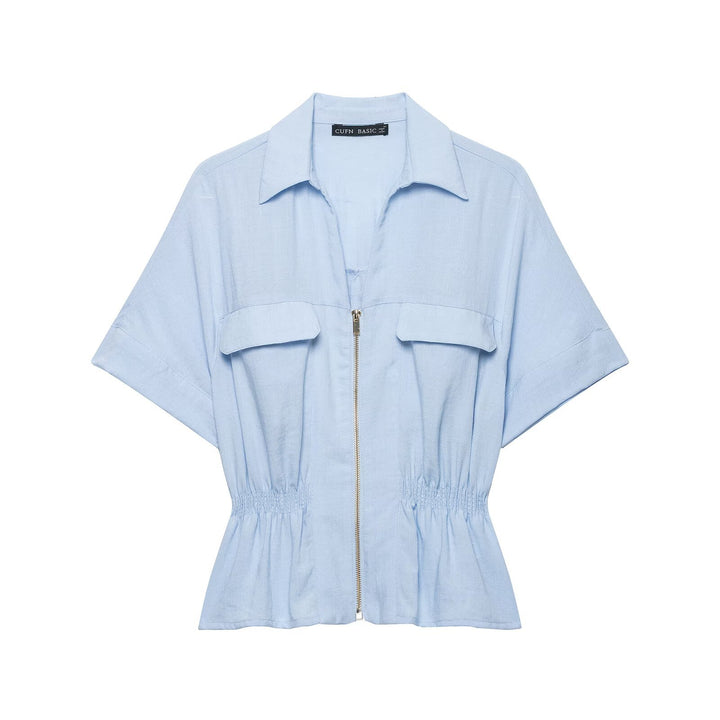 Ladies Short-Sleeved Tailored Blouse Jacket with Zipper and Breast Flaps Drune