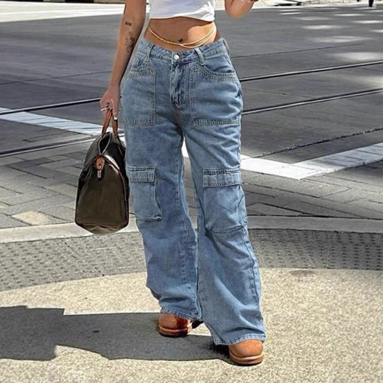 Women's High-Waisted Cargo Denim Pants with Utility Pockets Mune Fashion